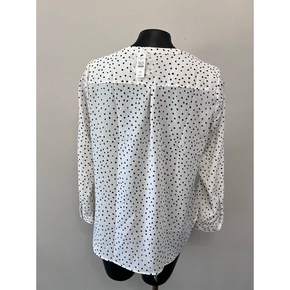 Talbots Blouse Sz MP NWT White Black Polka Dots 1/4 Button Long Sleeves Preppy - Picture 2 of 7